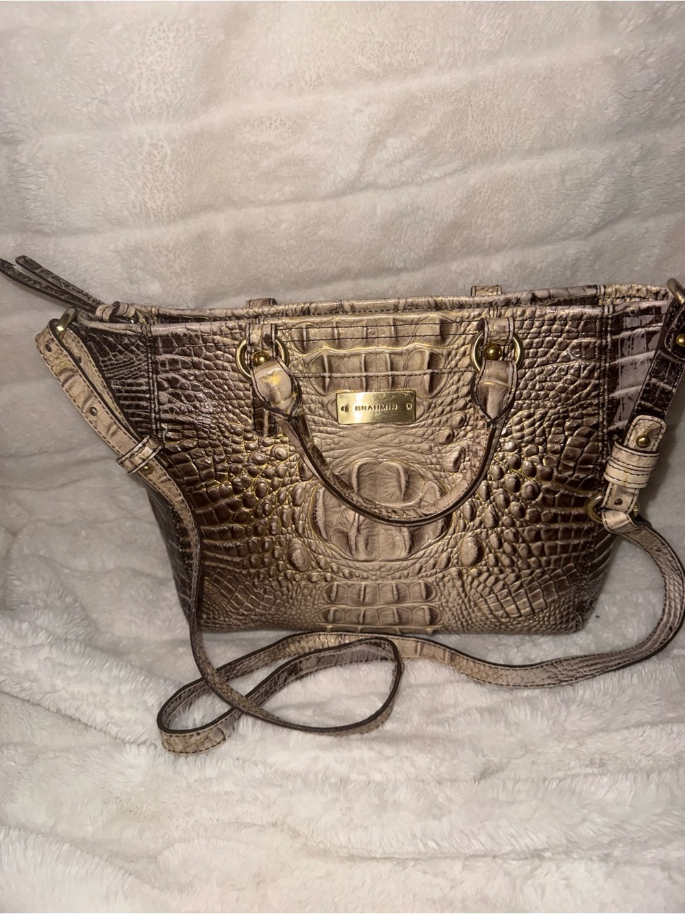 Brahmin Metallic Croc-Embossed Satchel in Bronze and Cream